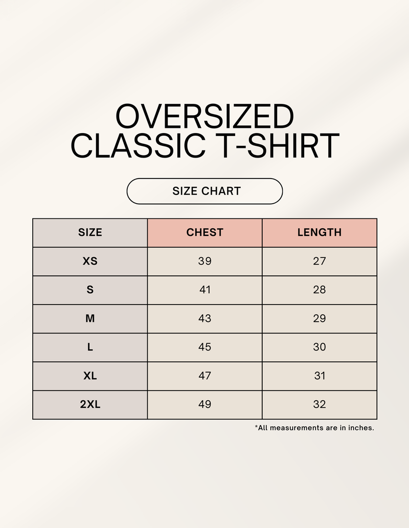 Size chart for Oversized Tee