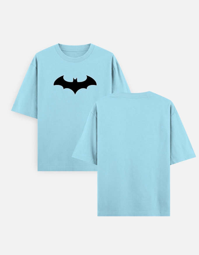 Light blue t-shirt with a black bat symbol on a white background