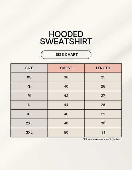 Size chart for Unisex Hoodie
