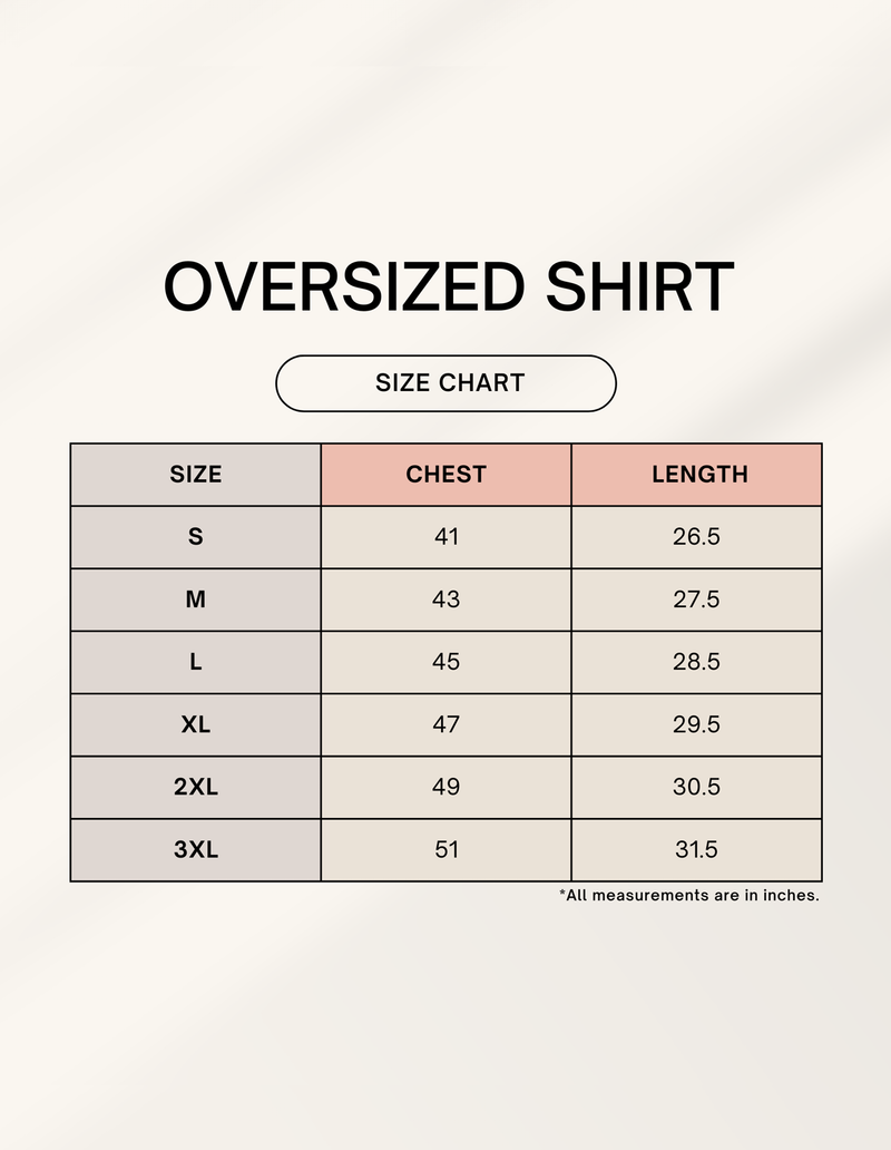 Size chart for Unisex Oversized Shirt x One Punch Puff Print
