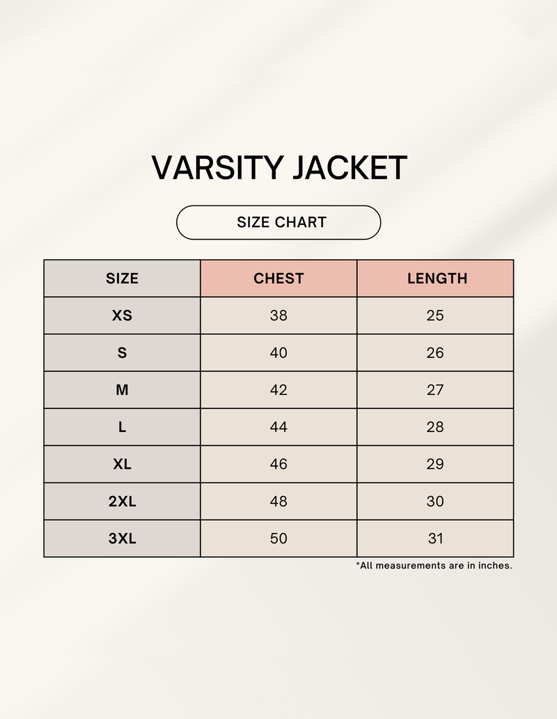 Size chart for Unisex Blank Varsity Jacket