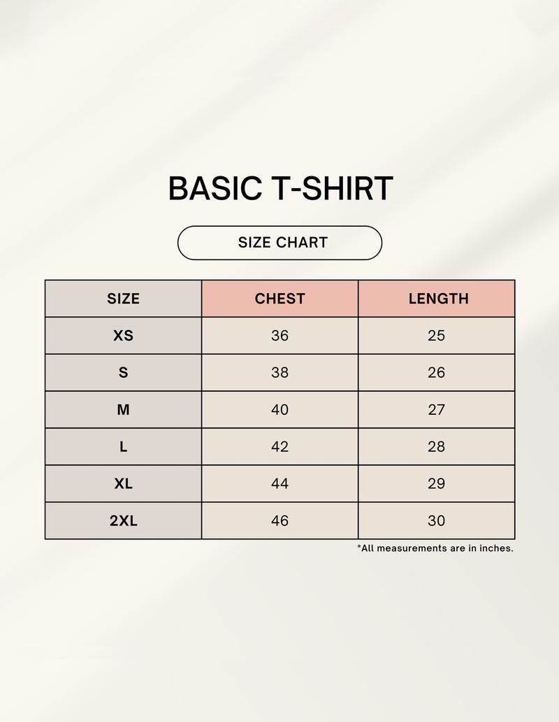 Size chart for Unisex Chessy Bandit Basic T-Shirt