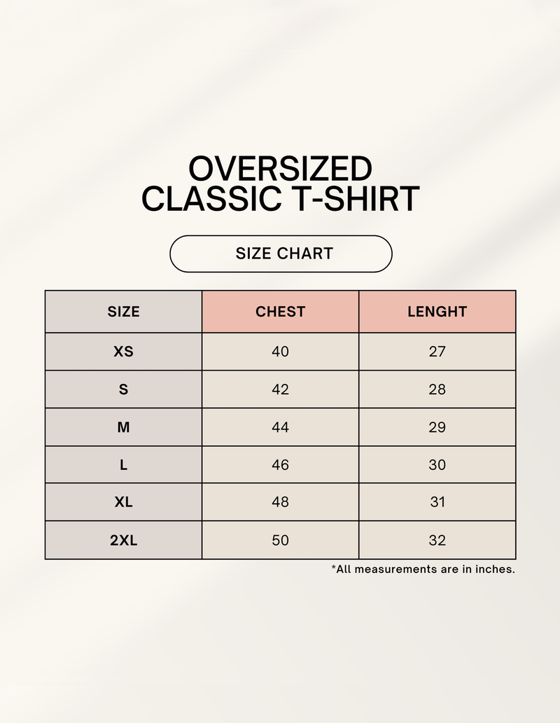 Size chart for Hyper Reality Unisex Oversized Classic T-Shirt