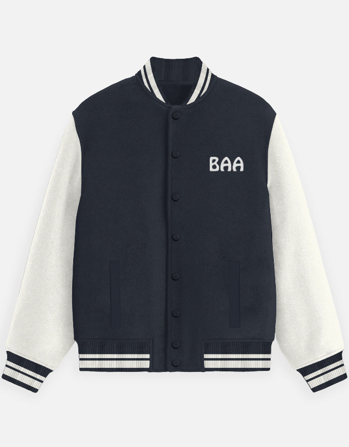 Navy blue and white varsity jacket on a light gray background