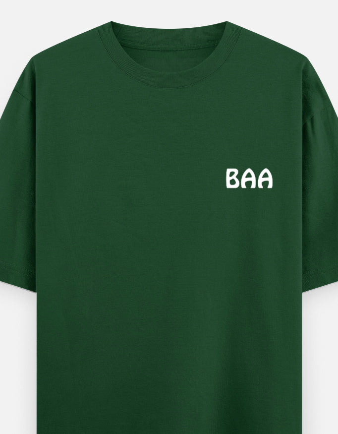 Green t-shirt with 'BAA' text on a white background